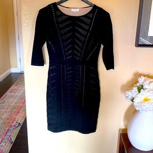 Calvin Klein size S, black knit dress with tan underlay, 3/4 sleeve, worn only 1